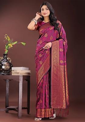Purple Embroidered Blended Saree Set