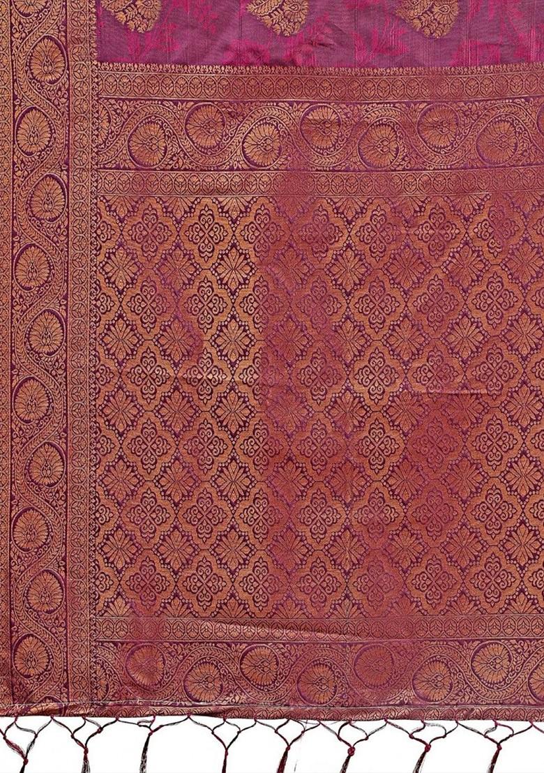 Purple Embroidered Blended Saree Set - Indya