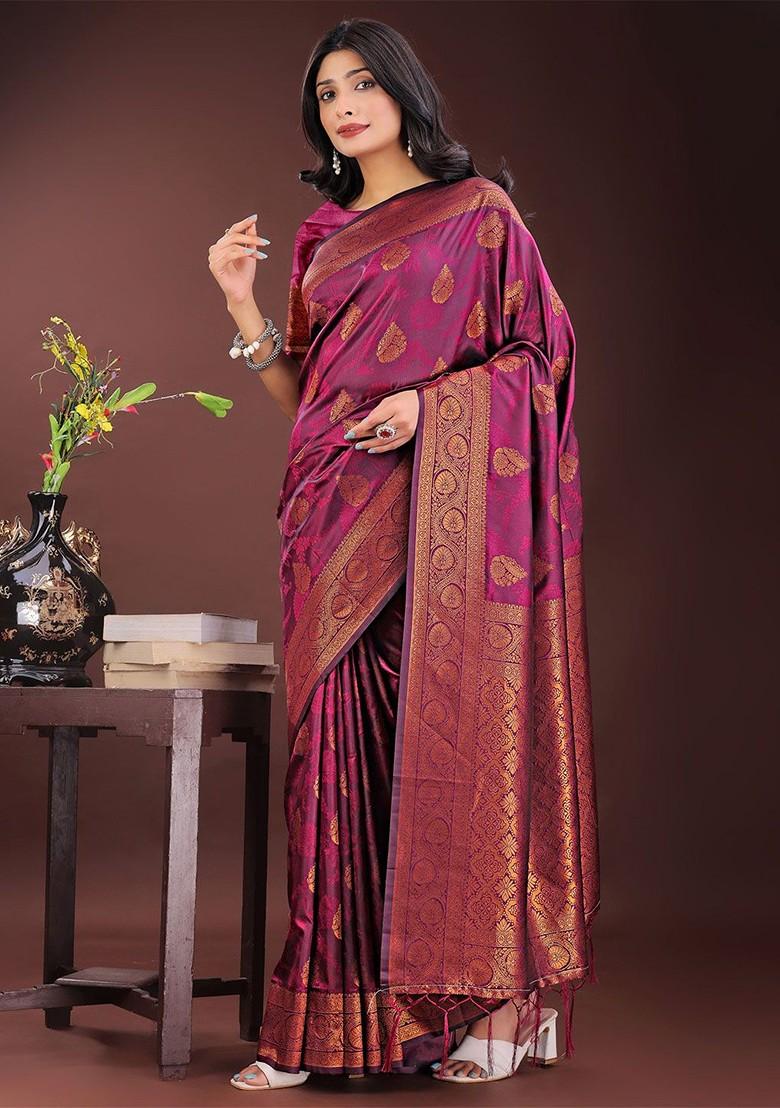 Purple Embroidered Blended Saree Set - Indya