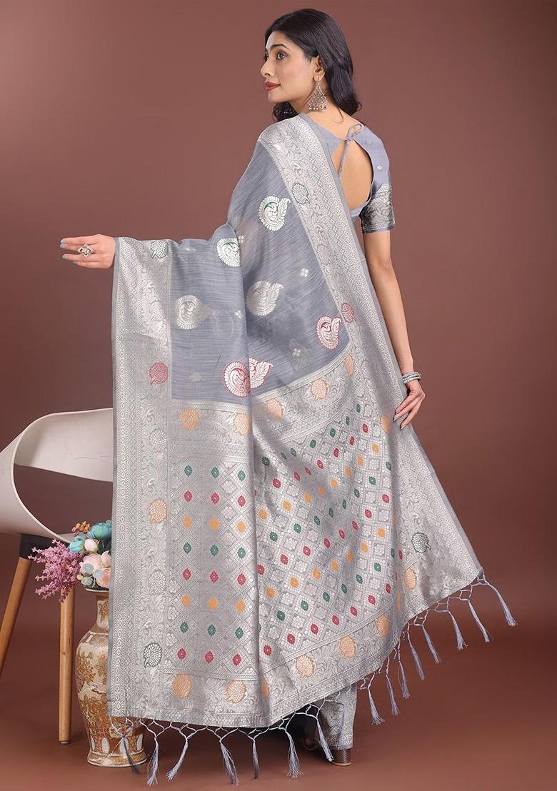 Grey Embroidered Blended Saree Set - Indya