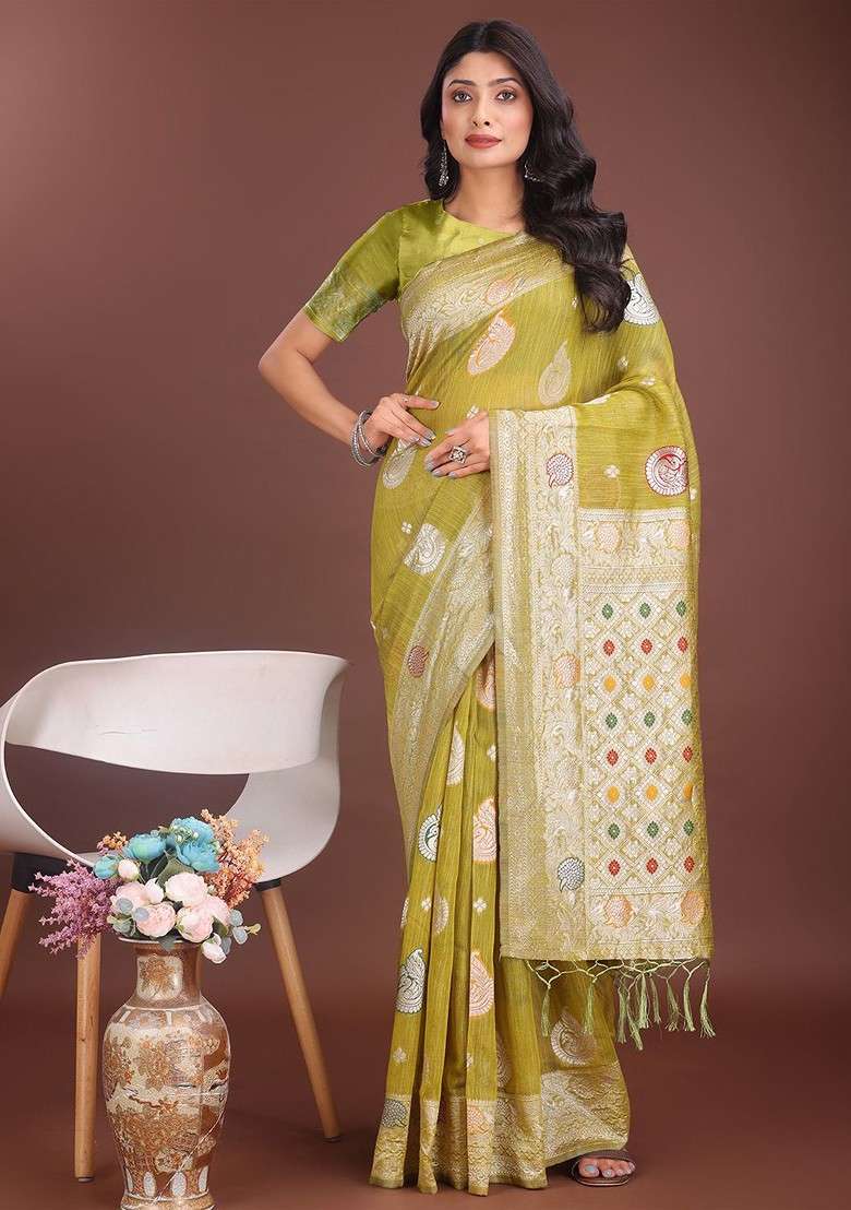Olive Embroidered Blended Saree Set for Diwali and Festive Wear - Indya