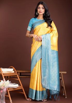 Yellow Embroidered Blended Saree Set