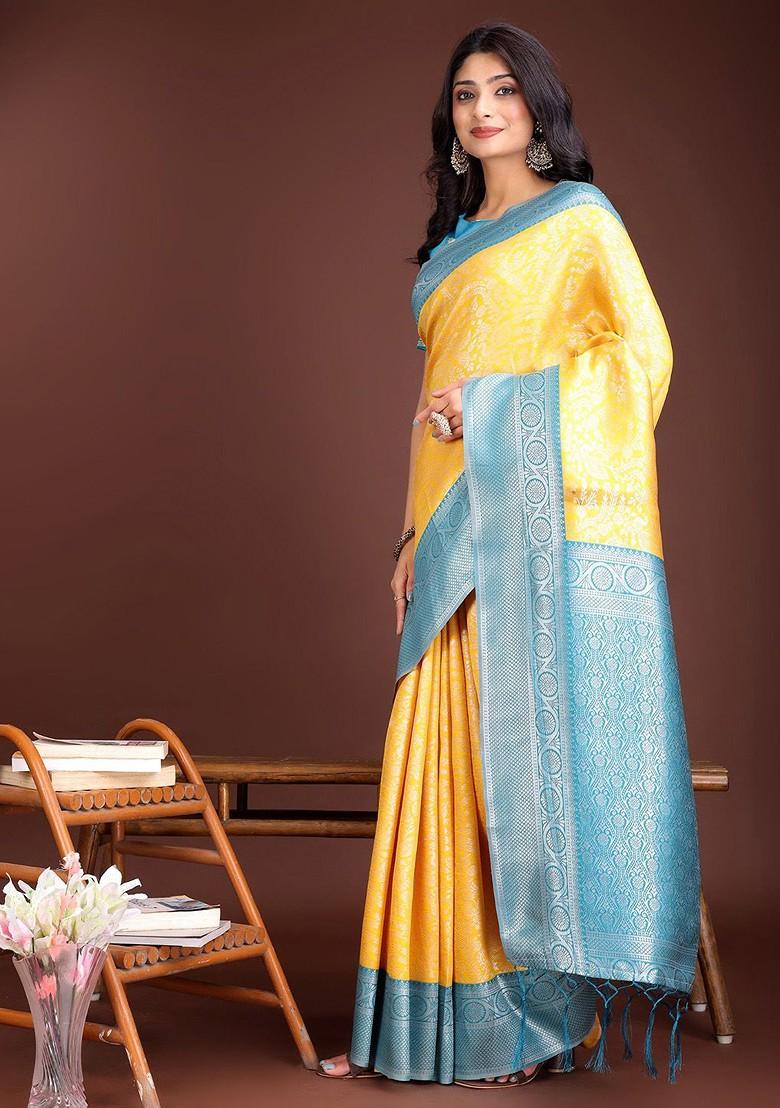 Yellow Embroidered Blended Saree Set - Indya