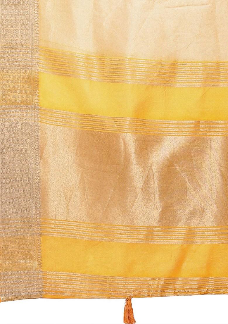 Yellow Embroidered Blended Saree Set - Indya
