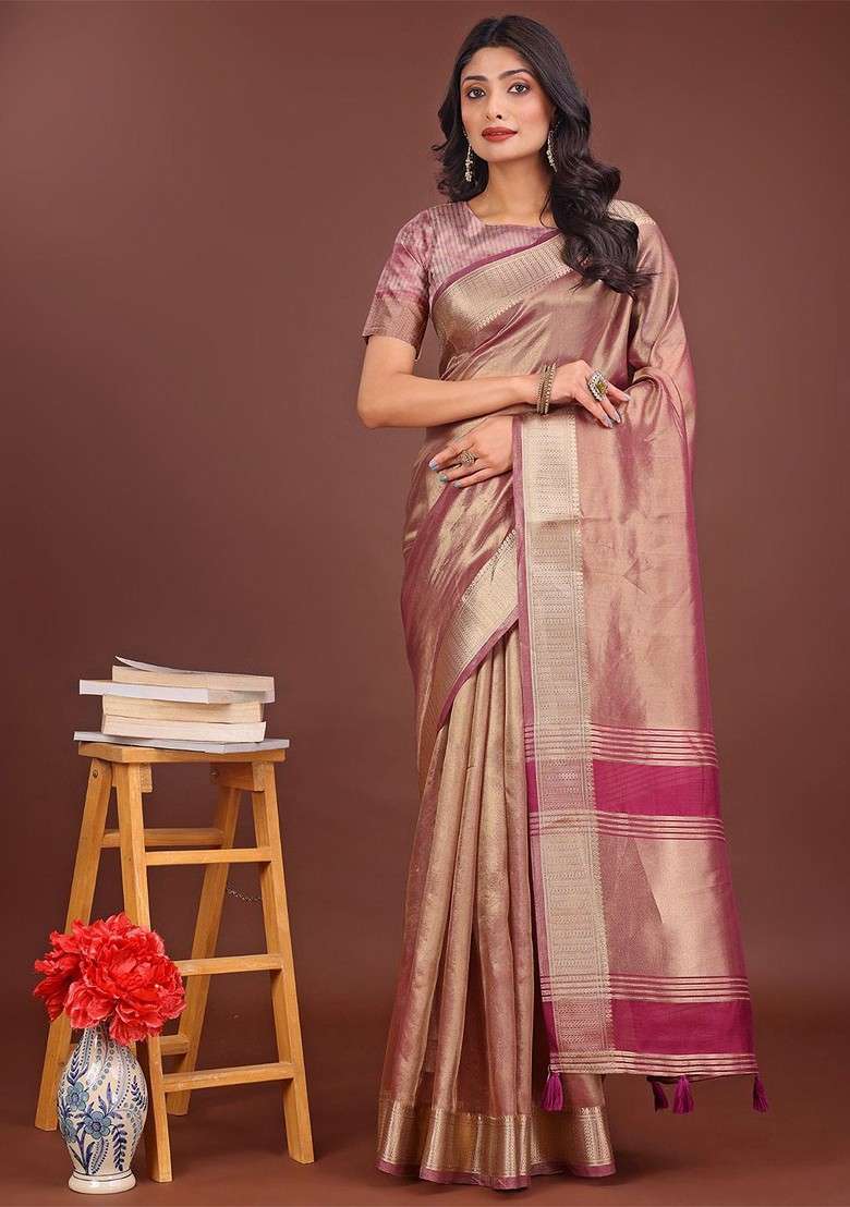 Magenta Embroidered Blended Saree Set - Indya