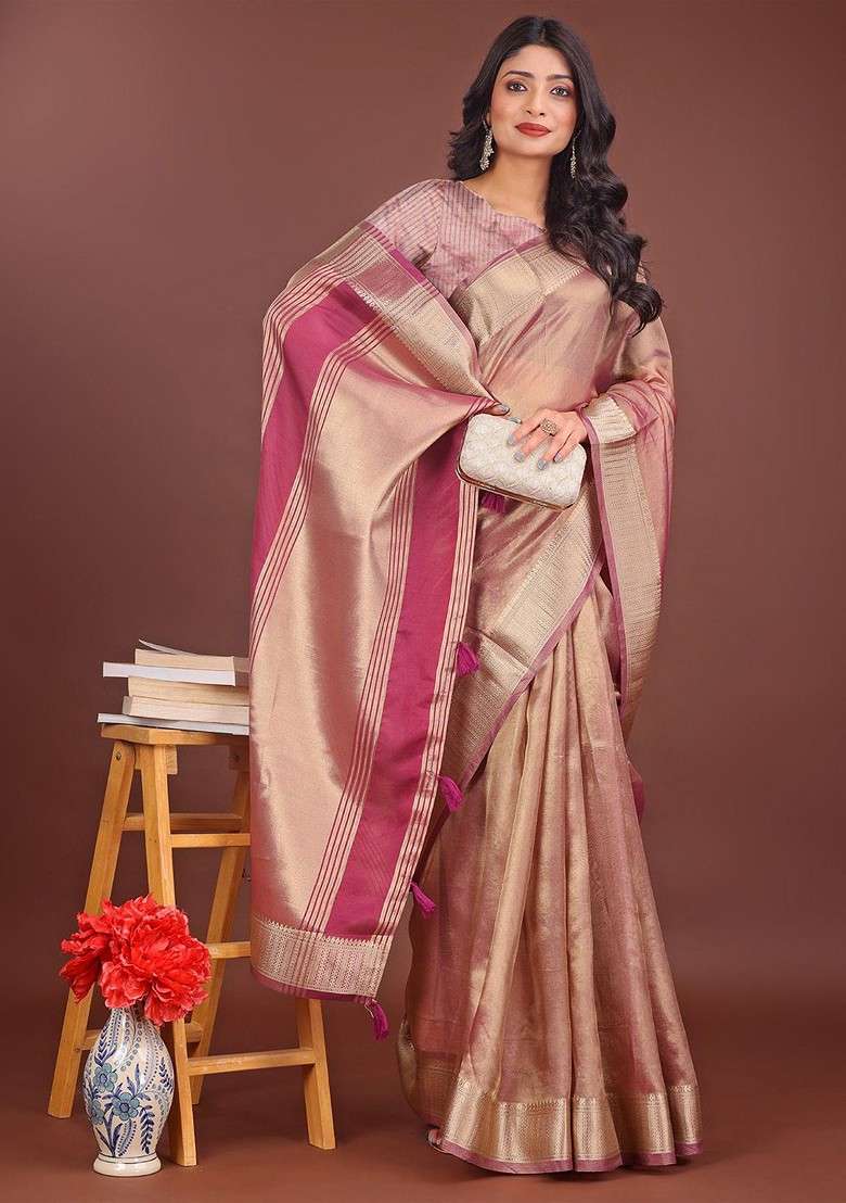 Magenta Embroidered Blended Saree Set - Indya