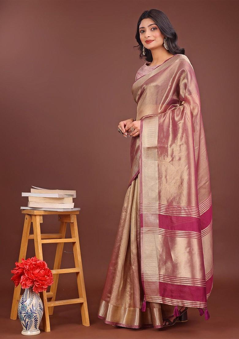 Magenta Embroidered Blended Saree Set - Indya