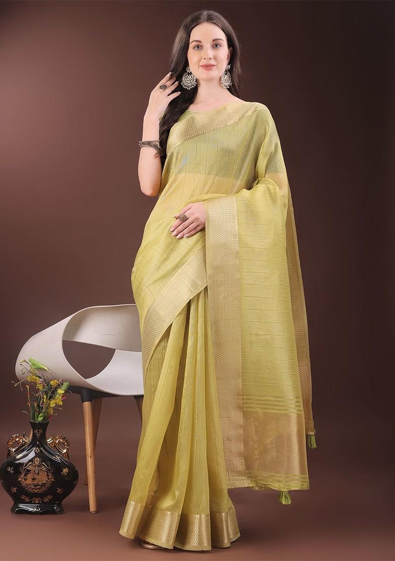 Yellow Embroidered Blended Saree Set - Indya