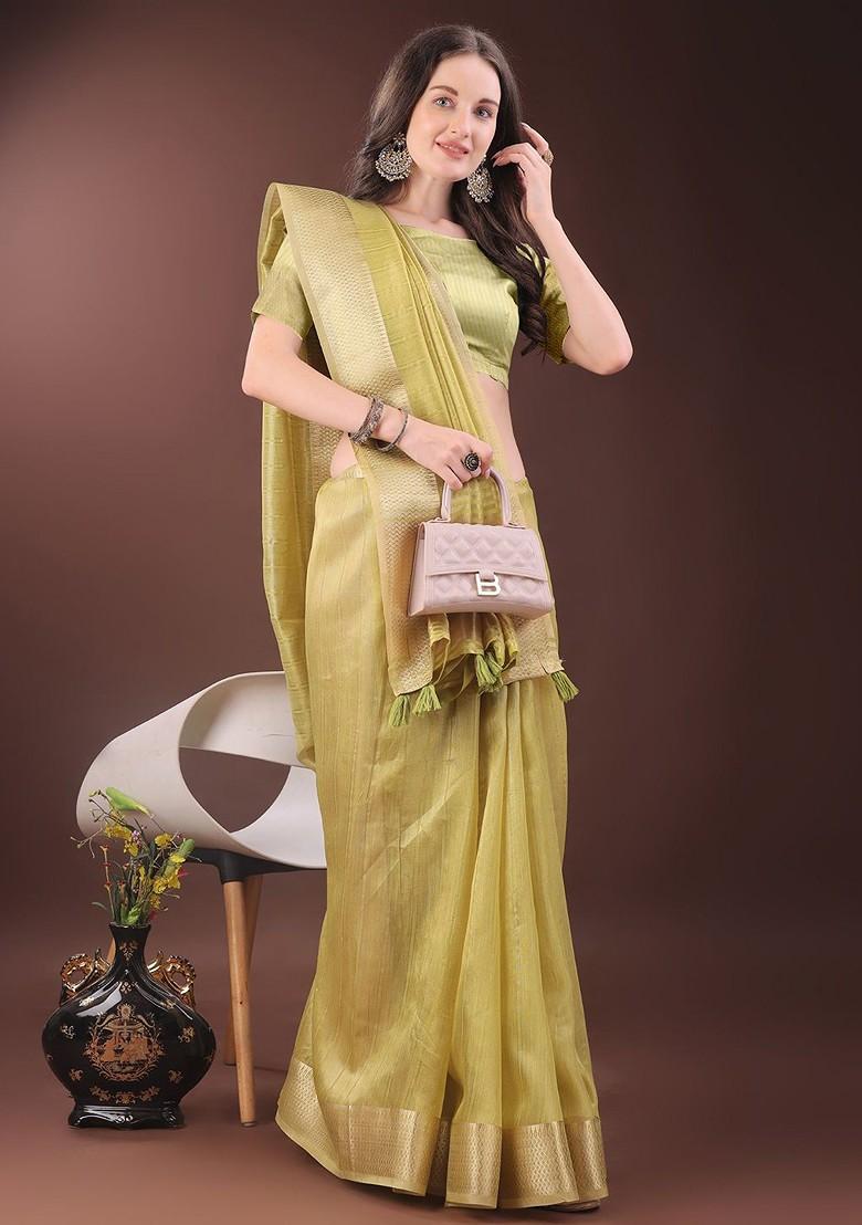 Yellow Embroidered Blended Saree Set - Indya