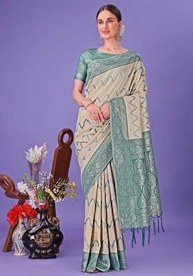 Cream Embroidered Blended Saree Set
