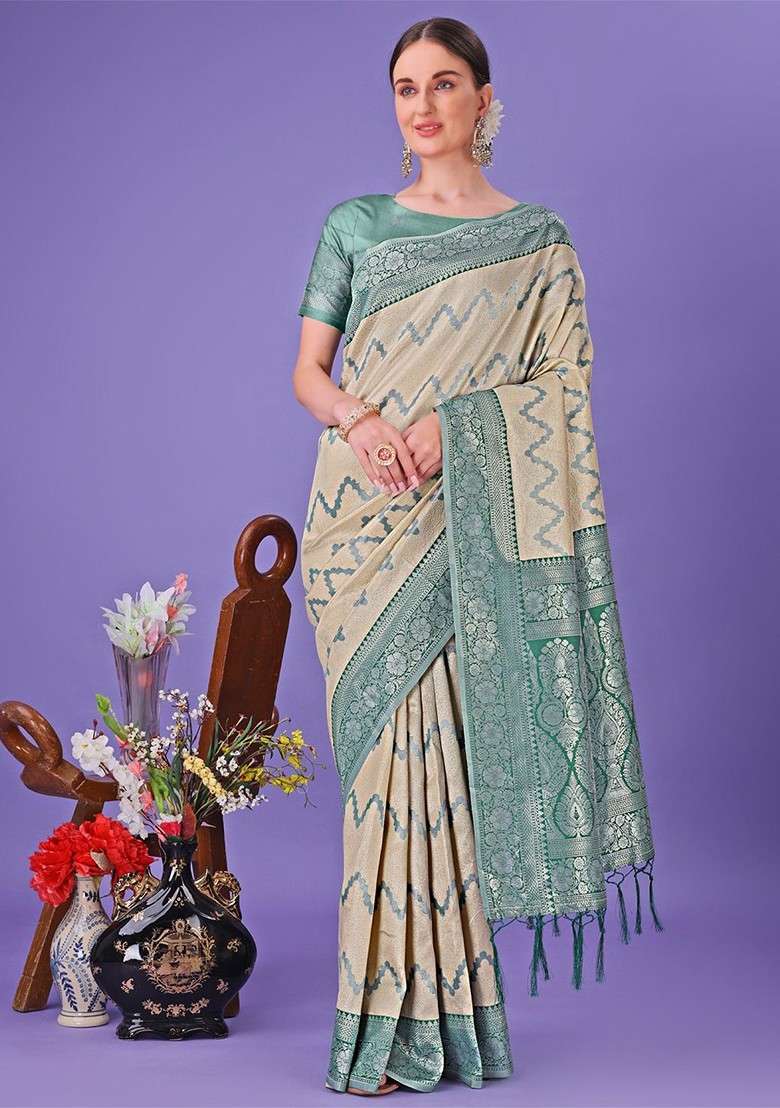 Cream Embroidered Blended Saree Set - Indya