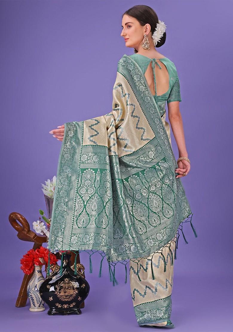 Cream Embroidered Blended Saree Set - Indya
