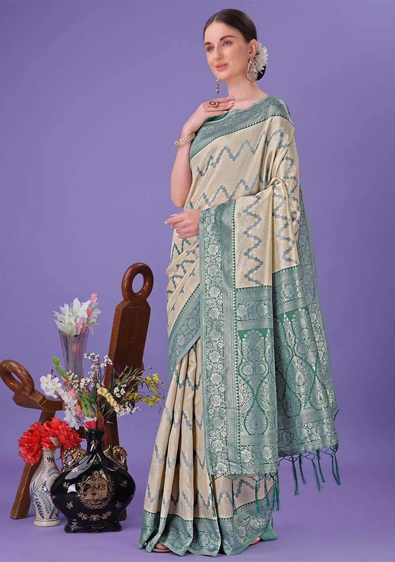Cream Embroidered Blended Saree Set - Indya
