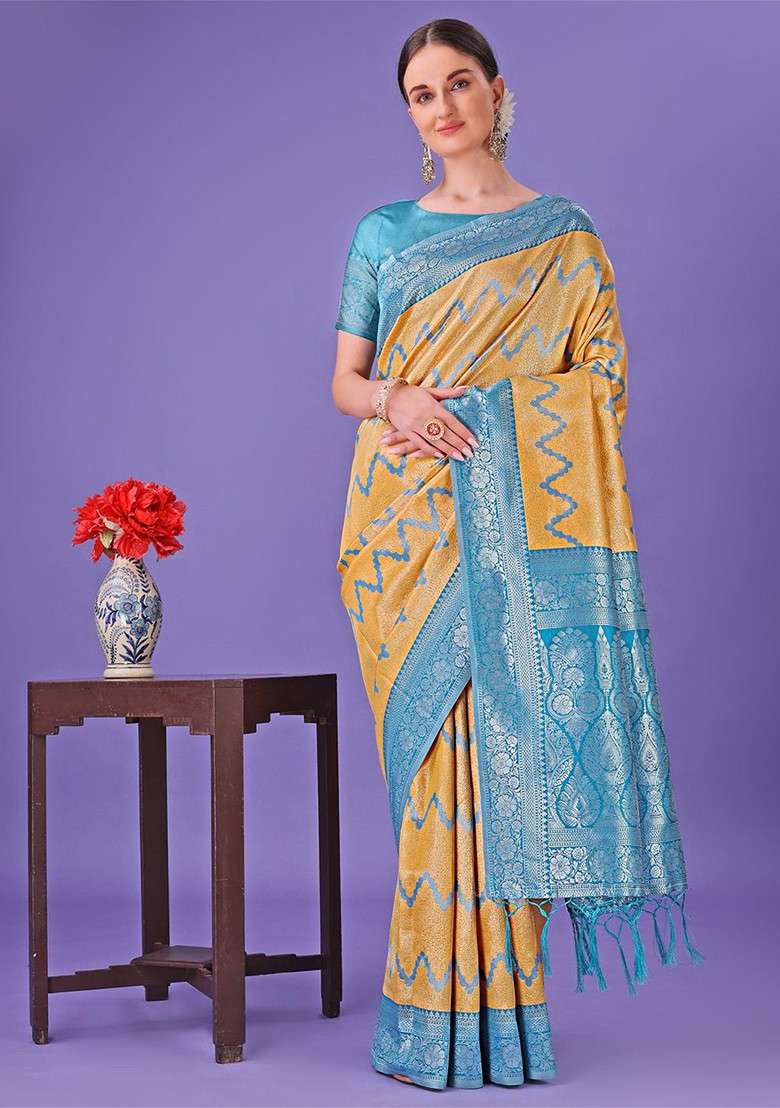 Yellow Embroidered Blended Saree Set - Indya