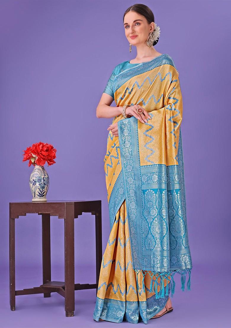 Yellow Embroidered Blended Saree Set - Indya