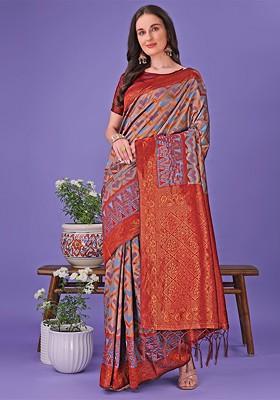 Grey Embroidered Blended Saree Set