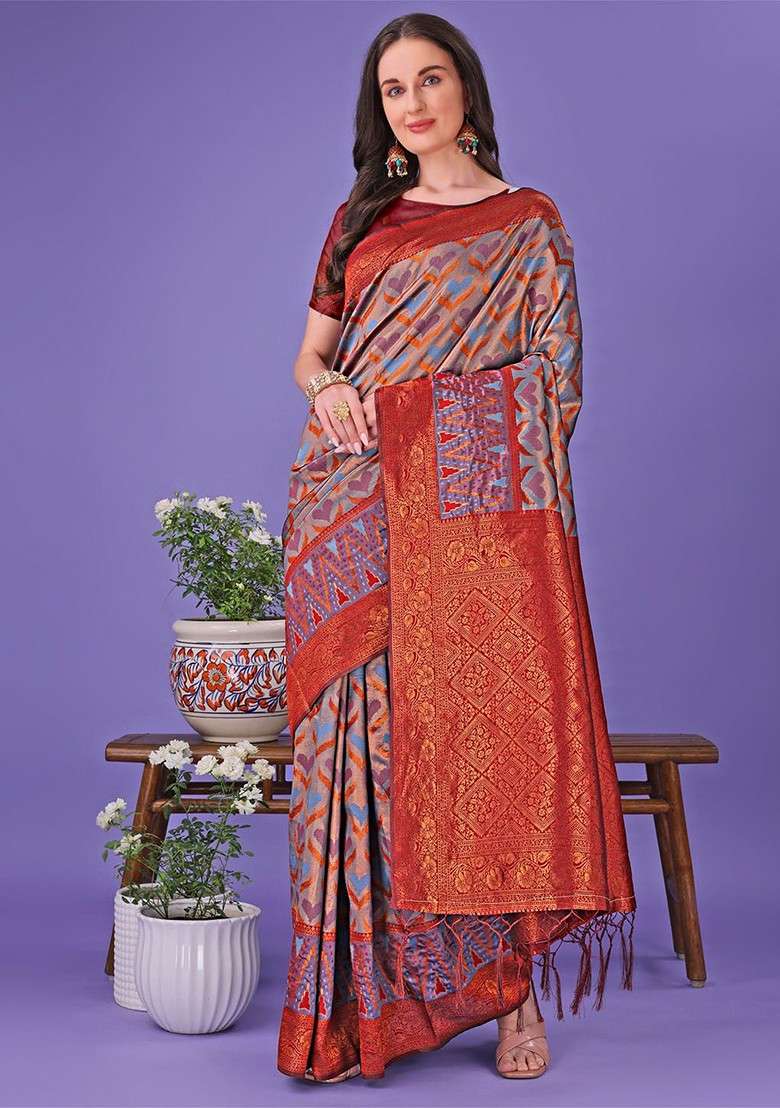 Grey Embroidered Blended Saree Set - Indya