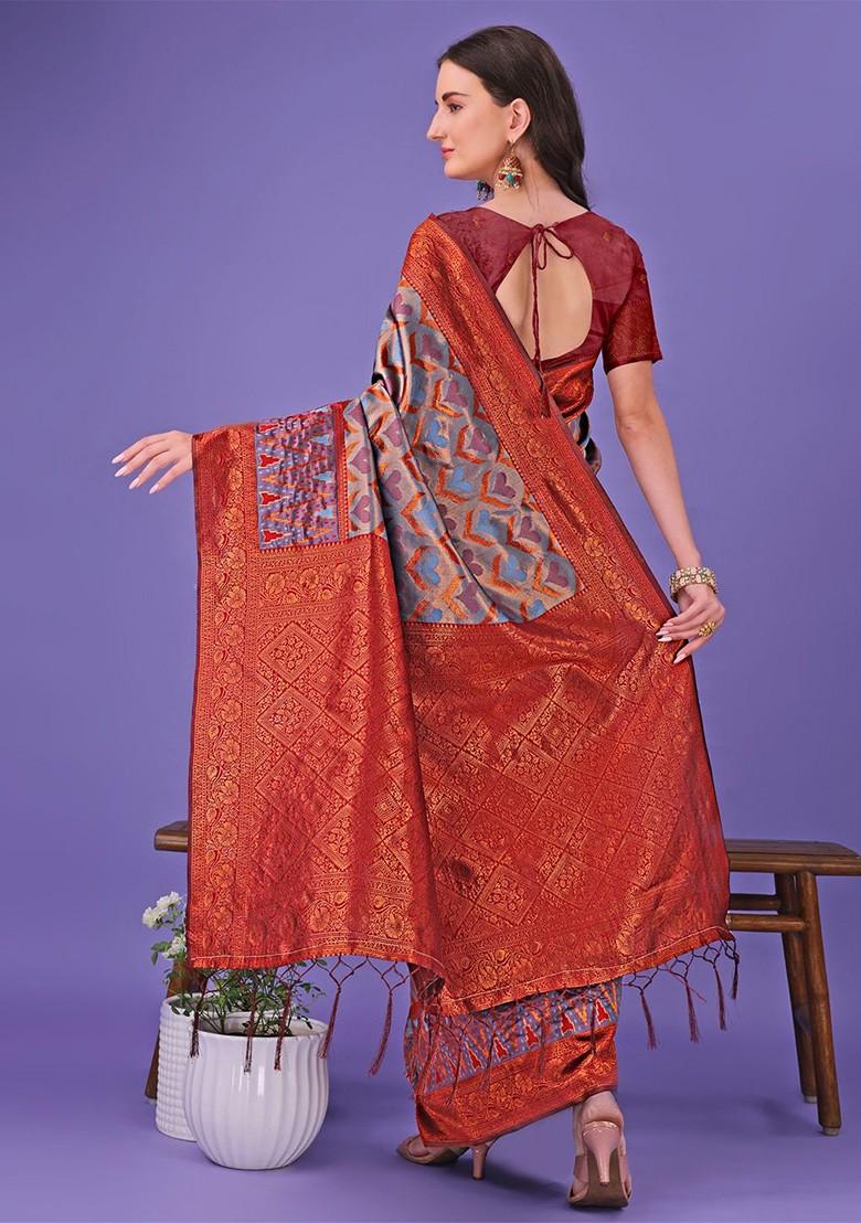 Grey Embroidered Blended Saree Set - Indya