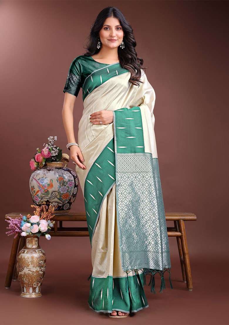 Cream Embroidered Blended Saree Set - Indya
