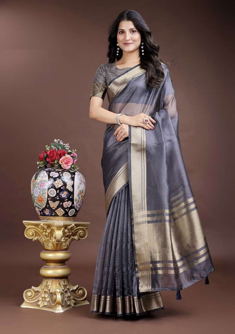 Grey Embroidered Blended Saree Set - Indya