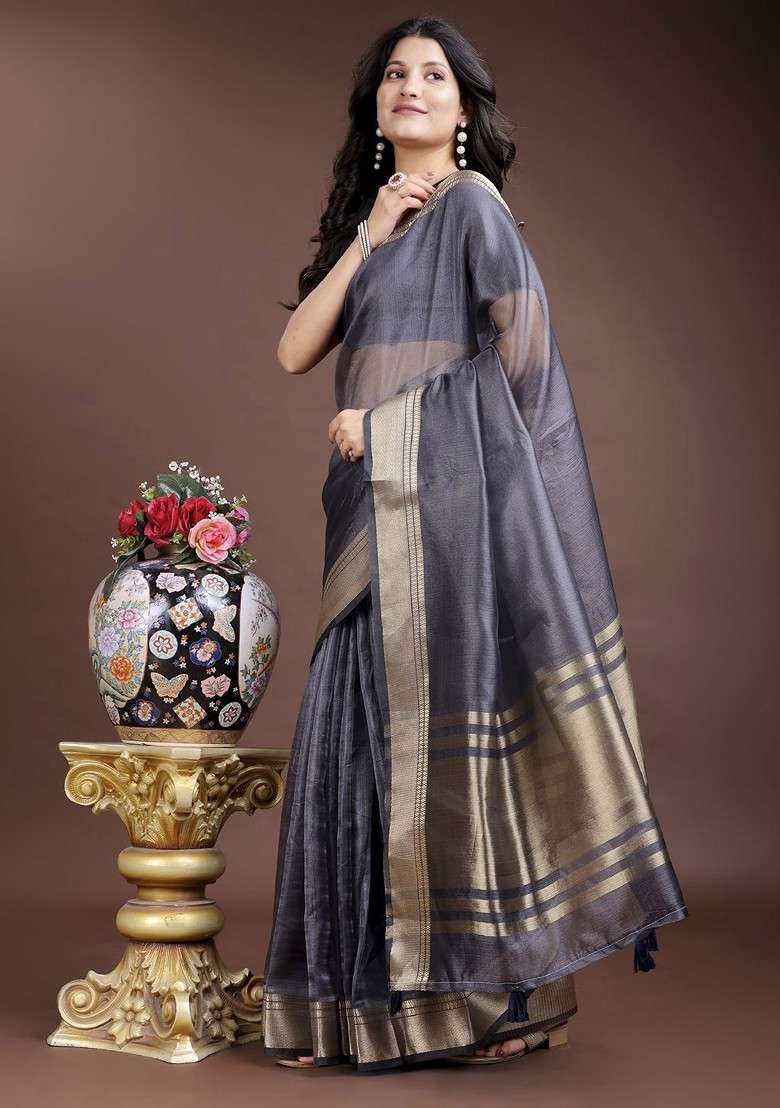 Grey Embroidered Blended Saree Set - Indya
