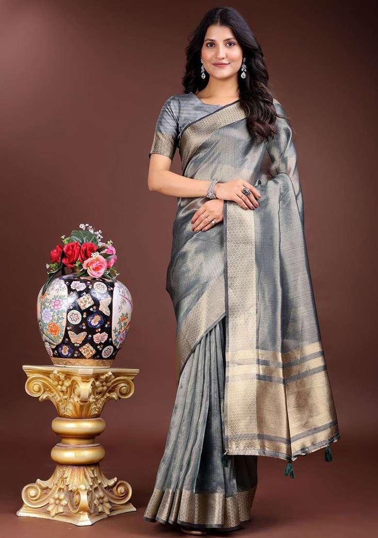 Grey Embroidered Blended Saree Set - Indya
