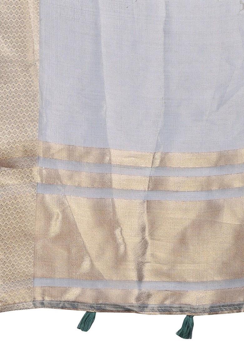 Grey Embroidered Blended Saree Set - Indya