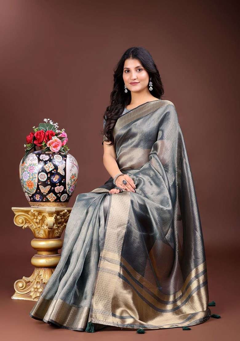 Grey Embroidered Blended Saree Set - Indya