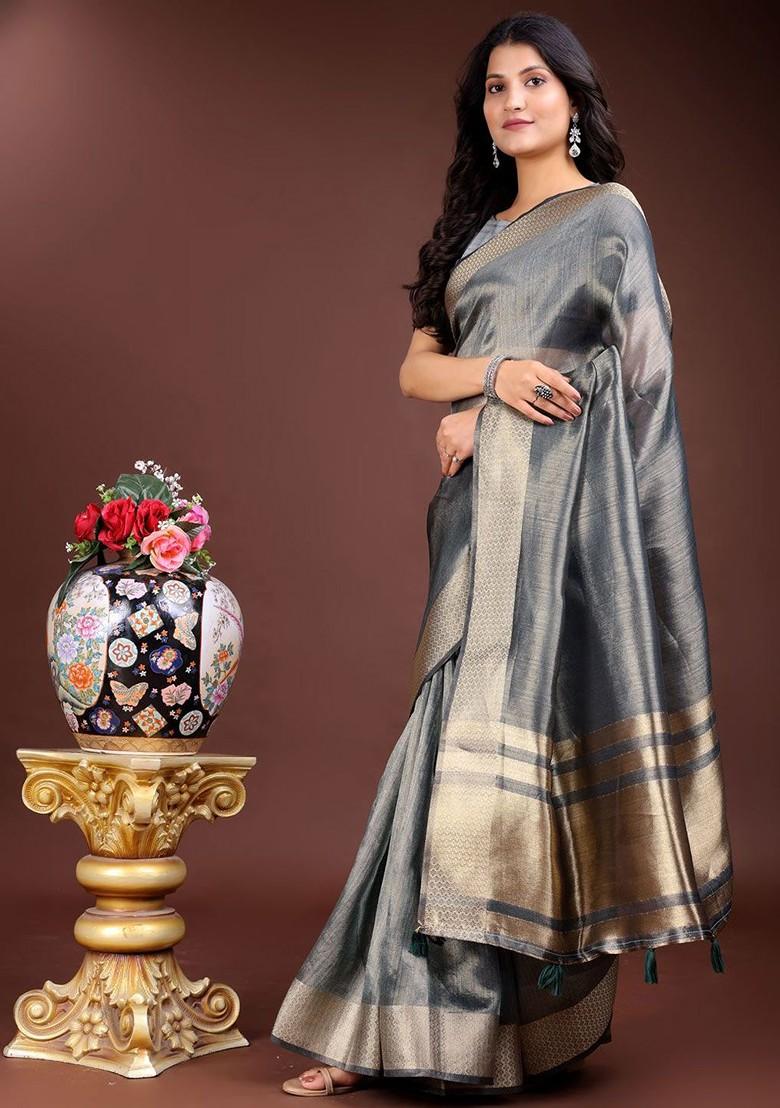 Grey Embroidered Blended Saree Set - Indya