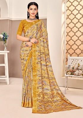 Cream Embroidered Blended Saree Set