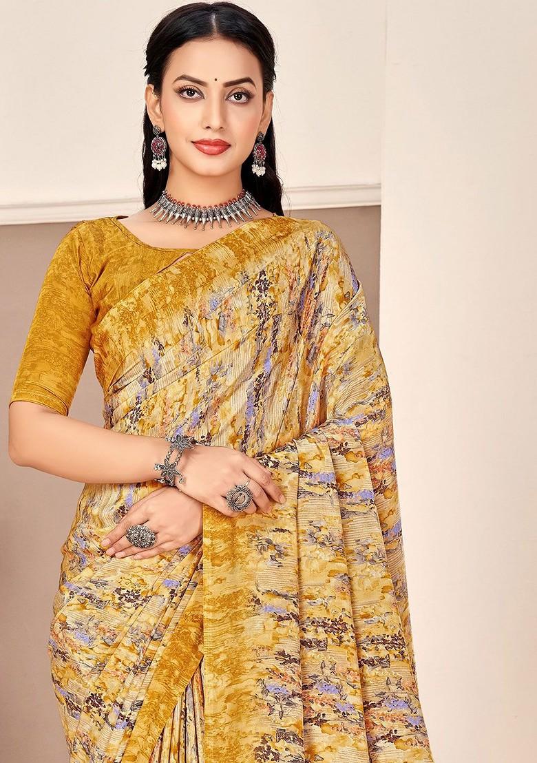 Cream Embroidered Blended Saree Set - Indya