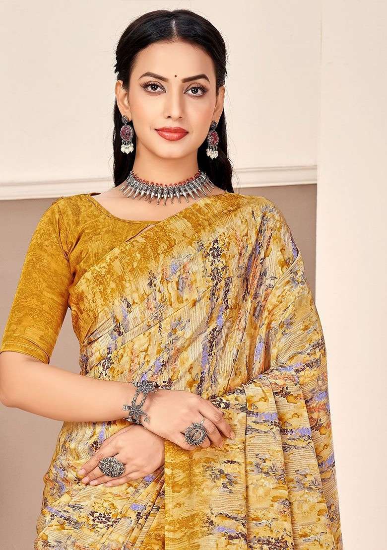 Cream Embroidered Blended Saree Set - Indya