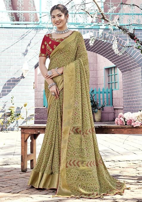 Olive Embroidered Blended Saree Set