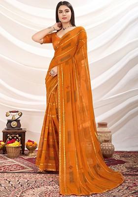 Orange Embroidered Blended Saree Set