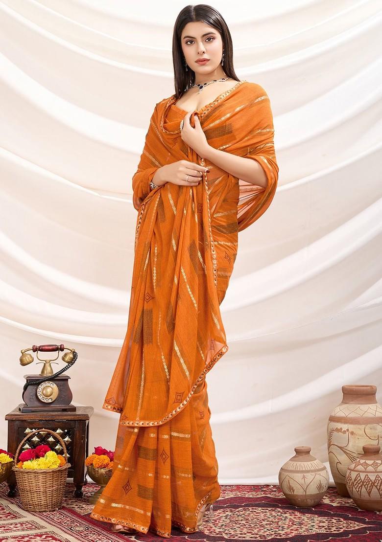 Orange Embroidered Blended Saree Set - Indya