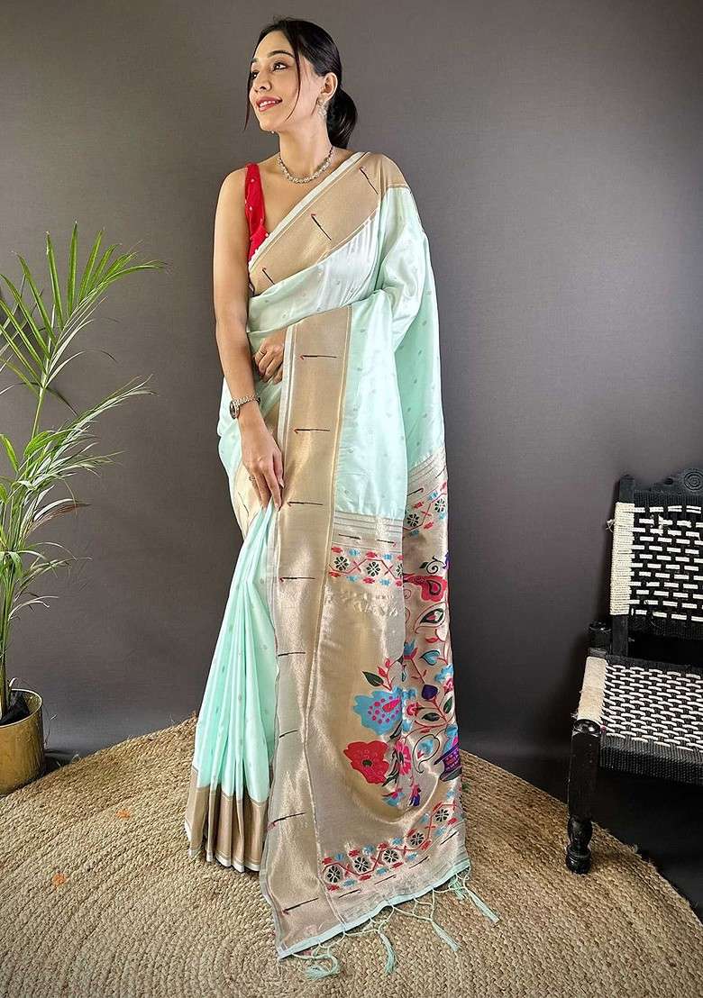 Green Embroidered Blended Saree Set - Indya