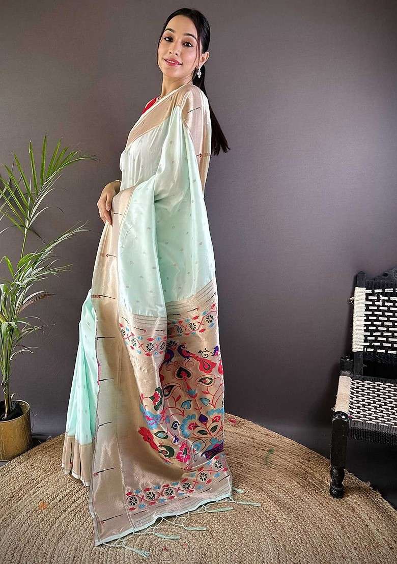 Green Embroidered Blended Saree Set - Indya