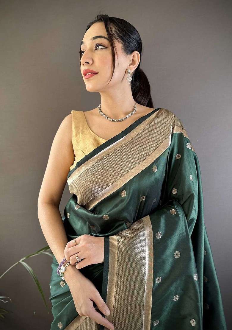 Green Embroidered Blended Saree Set - Indya