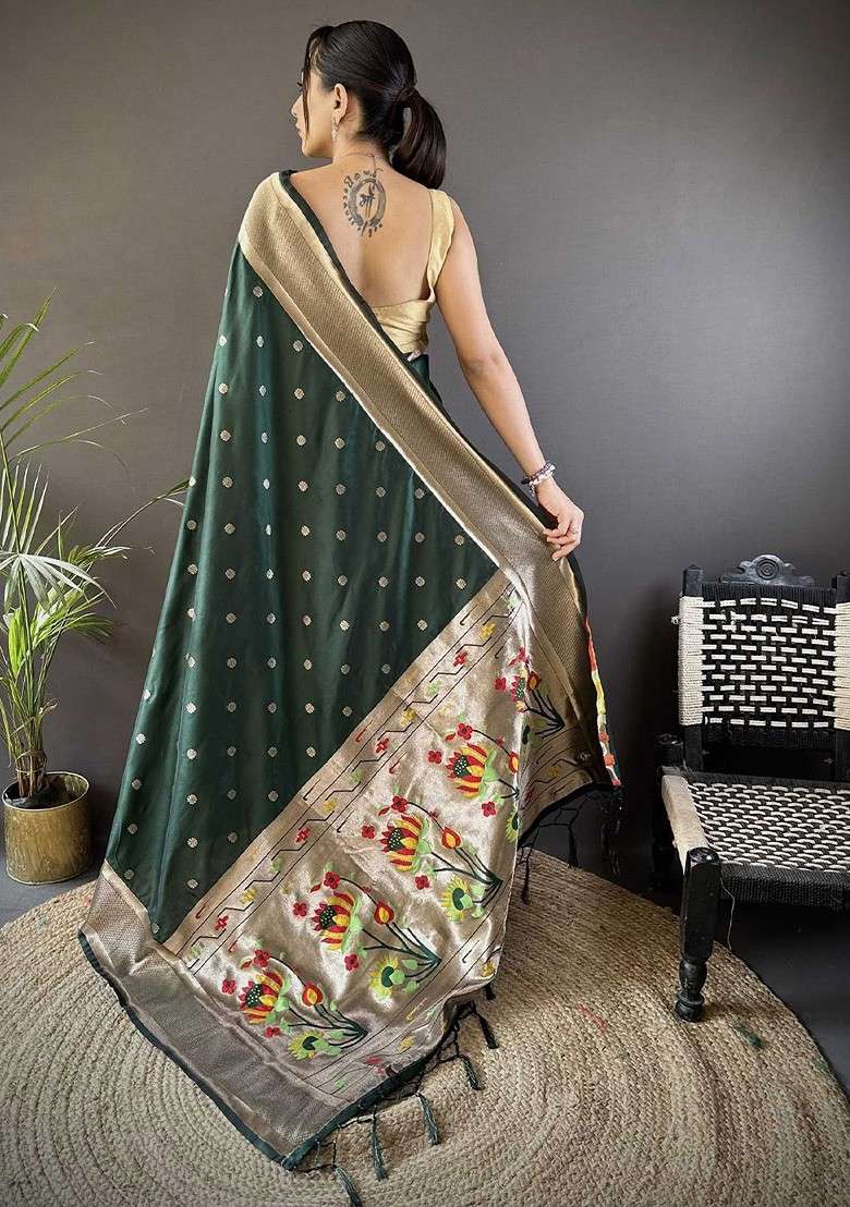 Green Embroidered Blended Saree Set - Indya