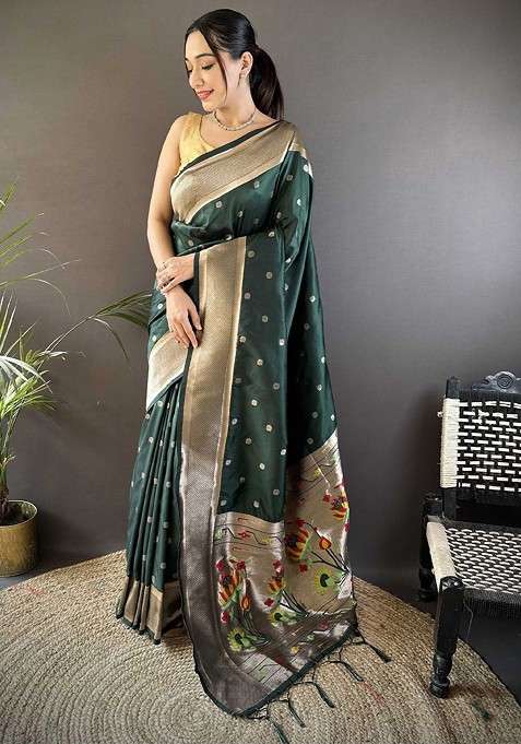 Green Embroidered Blended Saree Set for Diwali and Festive Wear