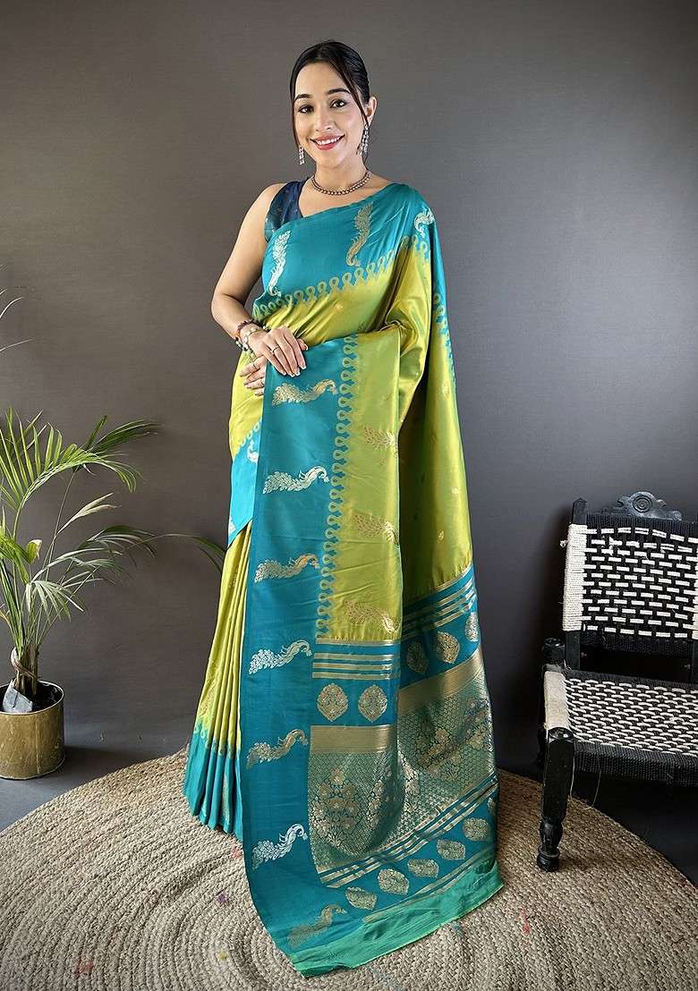 Green Blended Saree Set with Embroidered for Diwali | Wedding & Festive Wear - Indya