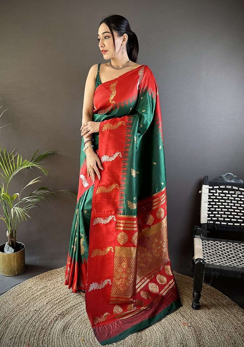 Green Embroidered Blended Saree Set for Diwali and Festive Wear - Indya