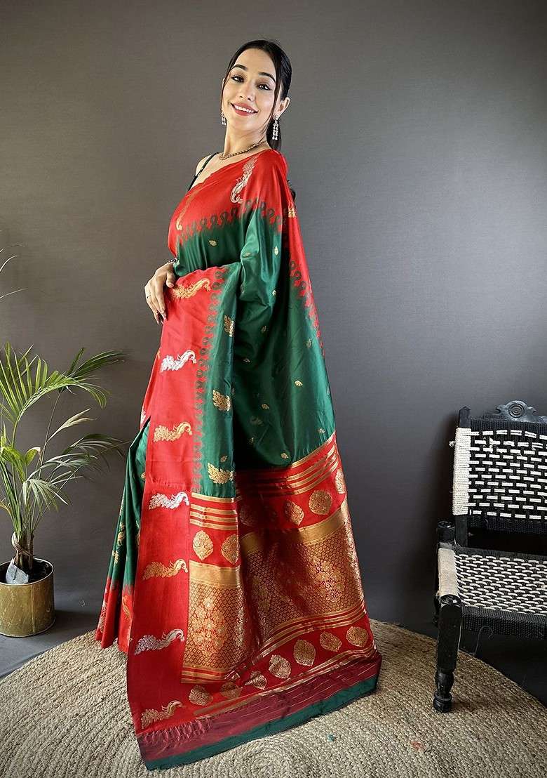 Green Embroidered Blended Saree Set for Diwali and Festive Wear - Indya