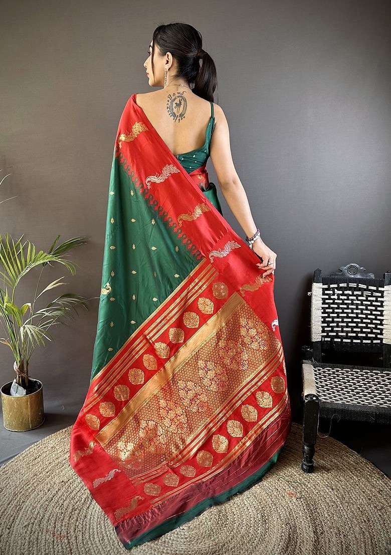 Green Embroidered Blended Saree Set for Diwali and Festive Wear - Indya