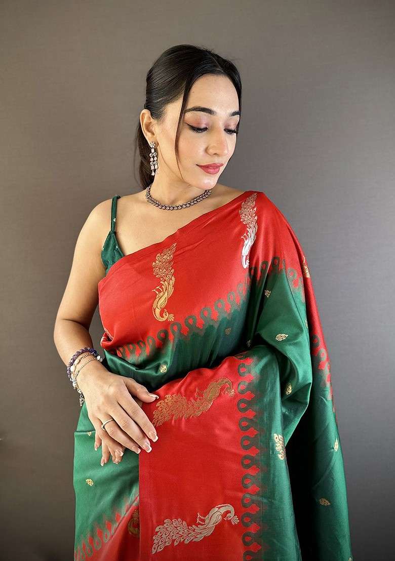 Green Embroidered Blended Saree Set for Diwali and Festive Wear - Indya