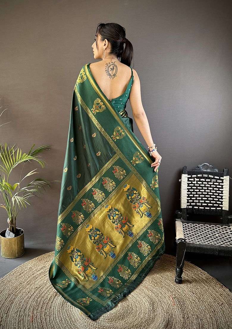 Green Blended Saree Set with Embroidered for Diwali | Wedding & Festive Wear - Indya