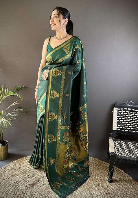 Green Blended Saree Set with Embroidered for Diwali | Wedding & Festive Wear