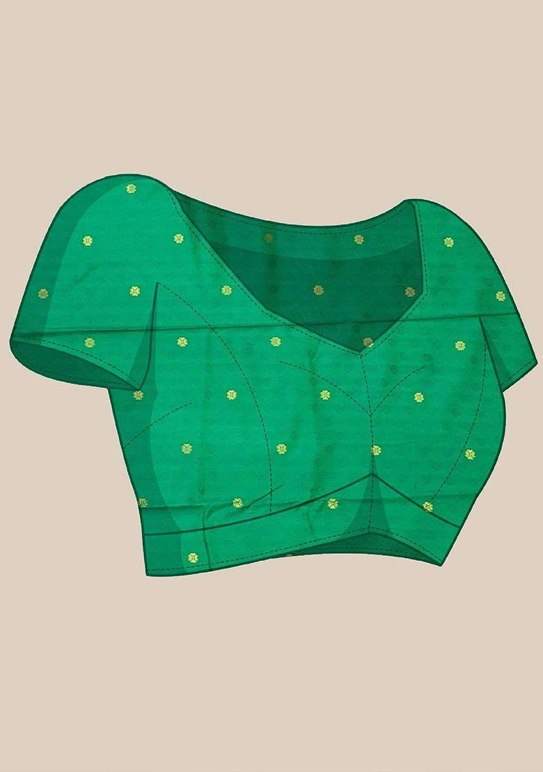 Green Embroidered Blended Saree Set - Indya