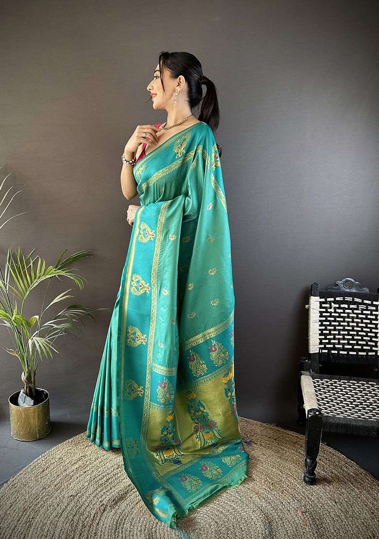 Green Embroidered Blended Saree Set - Indya