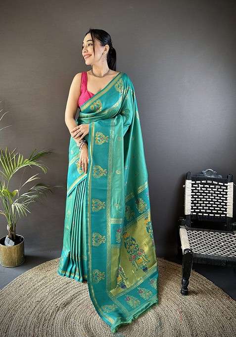 Green Embroidered Blended Saree Set for Diwali and Festive Wear